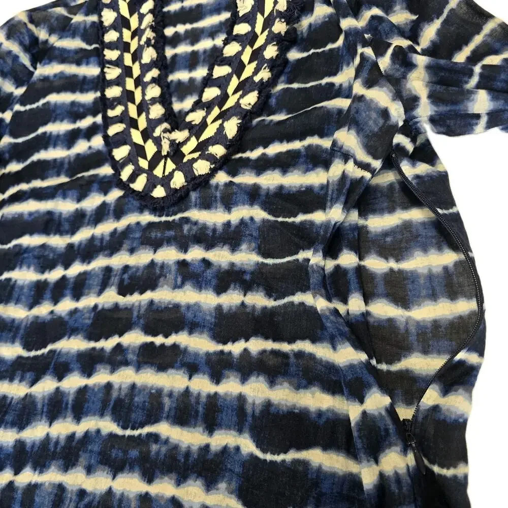 Tory Burch Blue Tie Dye Embellished Cotton Voile Tunic Shirt Size 4 Fringe Boho